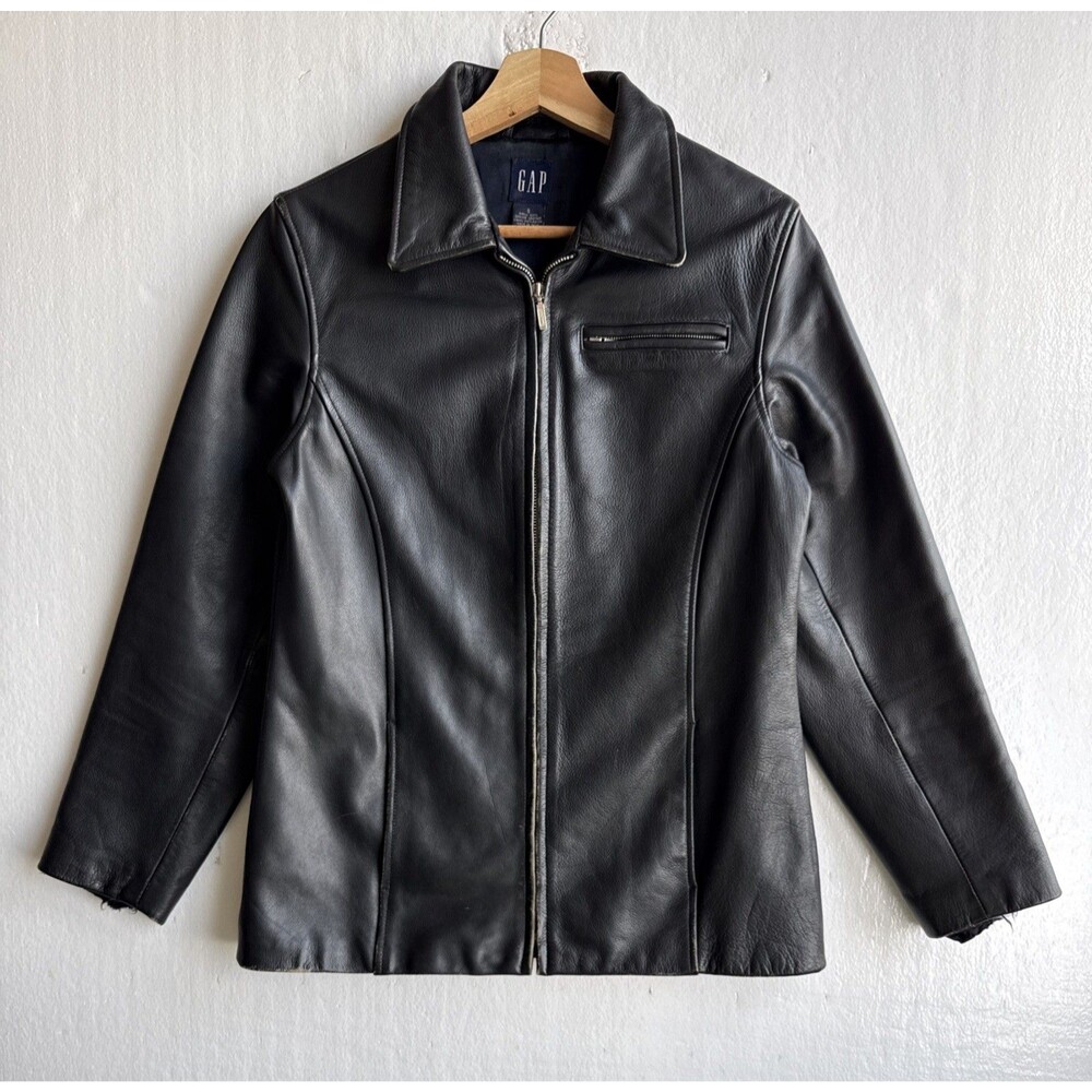 Vintage Y2K GAP Womens Small Black Genuine Leather Zip Front Jacket Biker